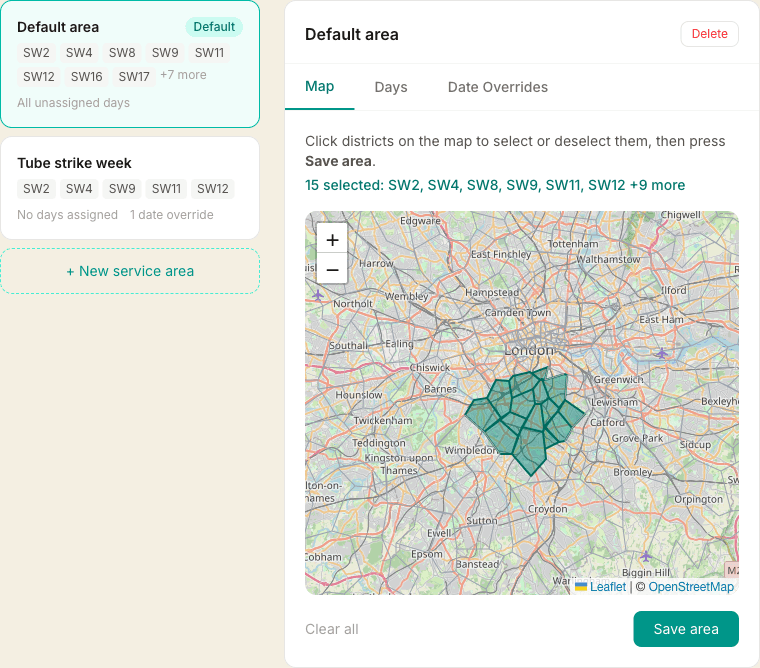 The travel area screen with fifteen South London postcode districts shaded on a map, and a second smaller area for a tube strike week